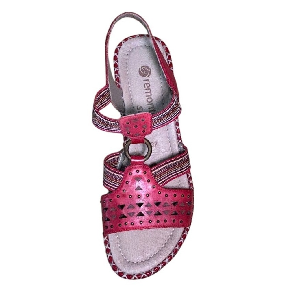 Remonte Sandals Women 37 Red Leather Wedge Boho Laser Cut Strappy Comfort Chic